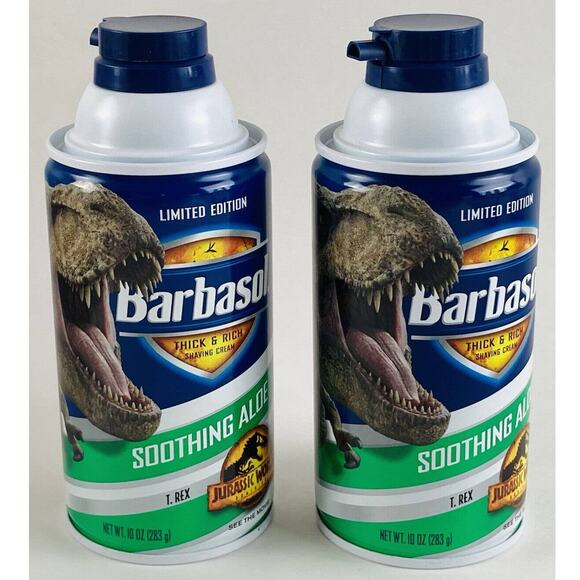 Set 2 Jurassic World Dominion Limited Edition Barbasol Shaving Cream Can T-REX - Picture 1 of 6